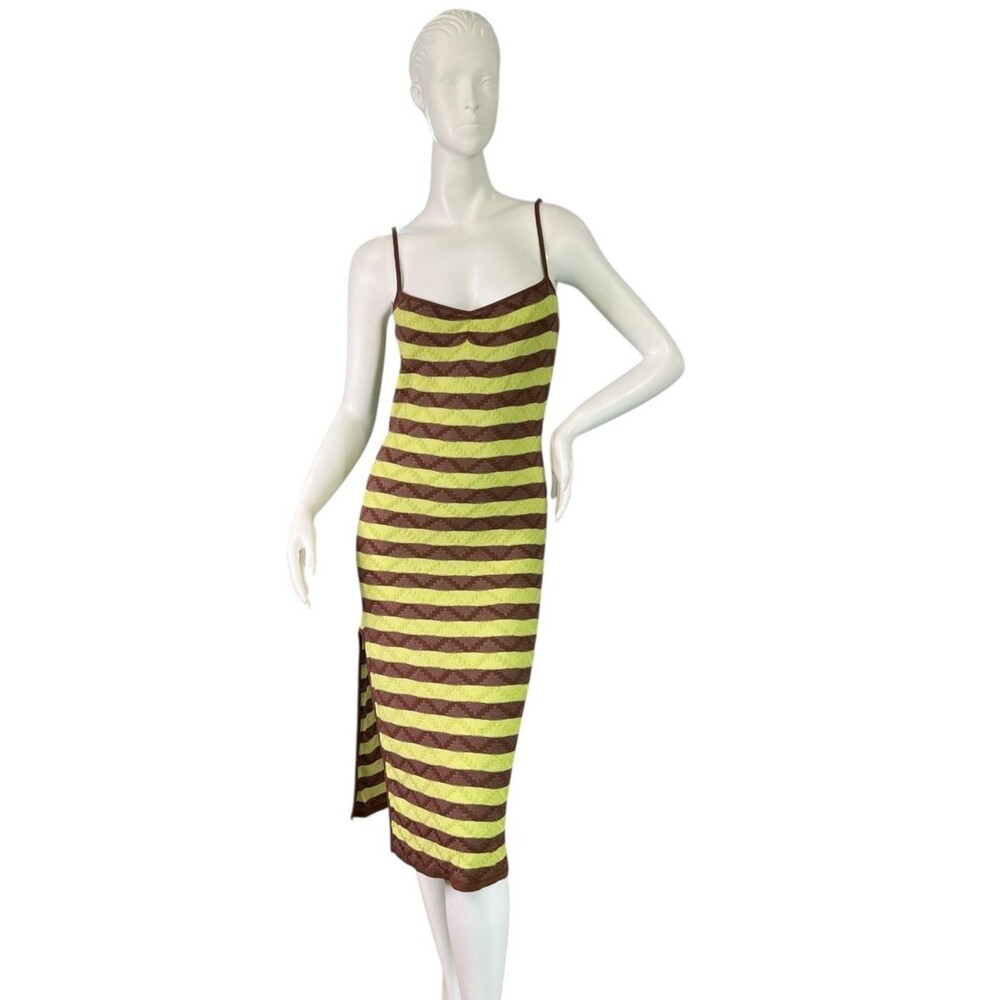 Musier Paris Ardy Dress Stretch Knit Stripes Green & Brown Spaghetti Strap Sz 36